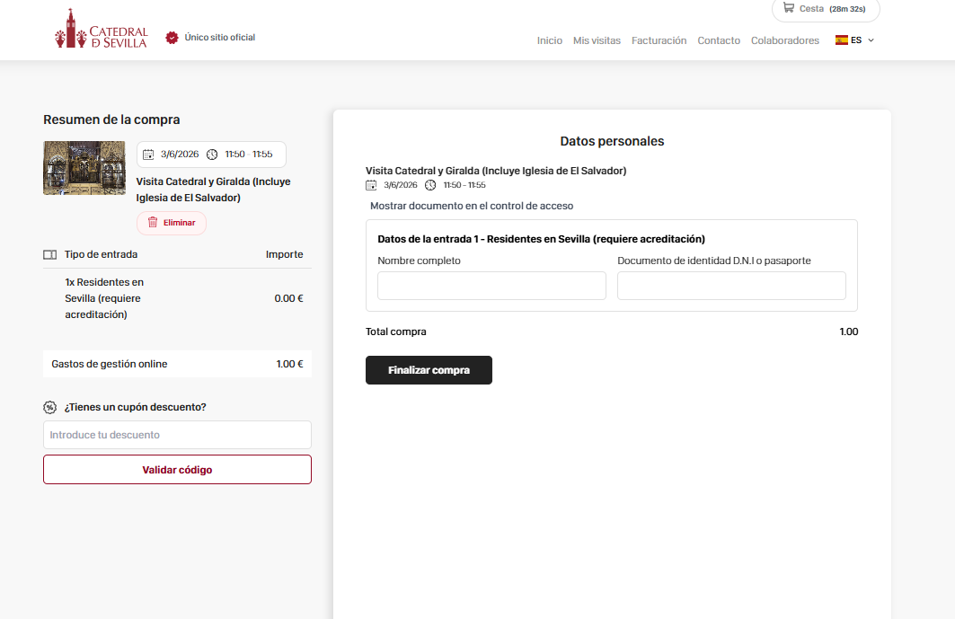 Pagina per la registrazione dei dati dei visitatori della Cattedrale di Siviglia e della relativa documentazione